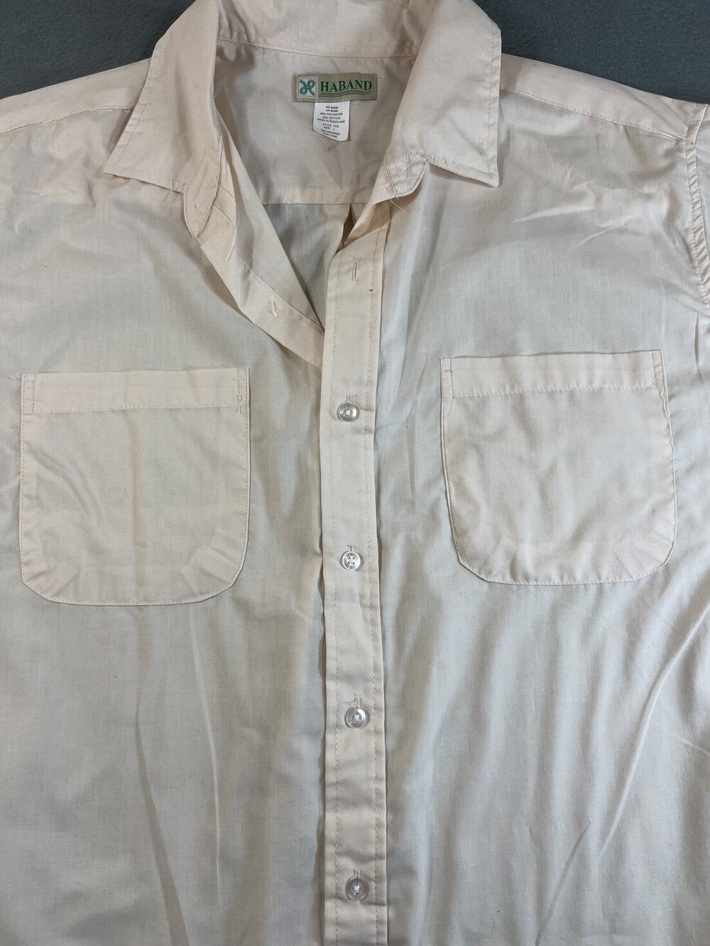 Haband Men's Beige Short Sleeve Dress Shirt, Casual Button-Up, Size L